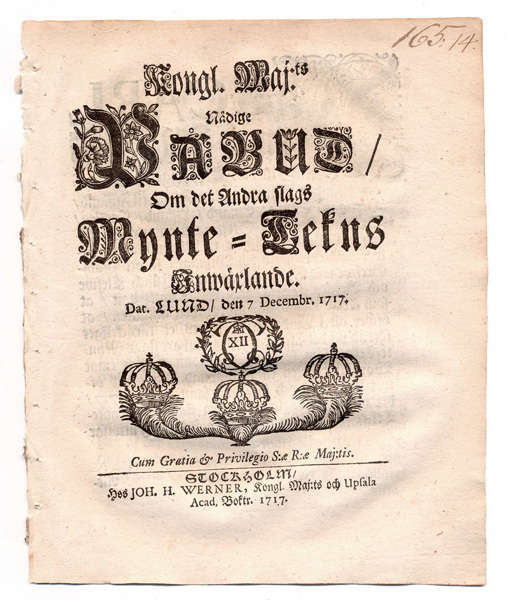 (1717-12-07) Om det Andra slags Mynte-Tekns Inwäxlande