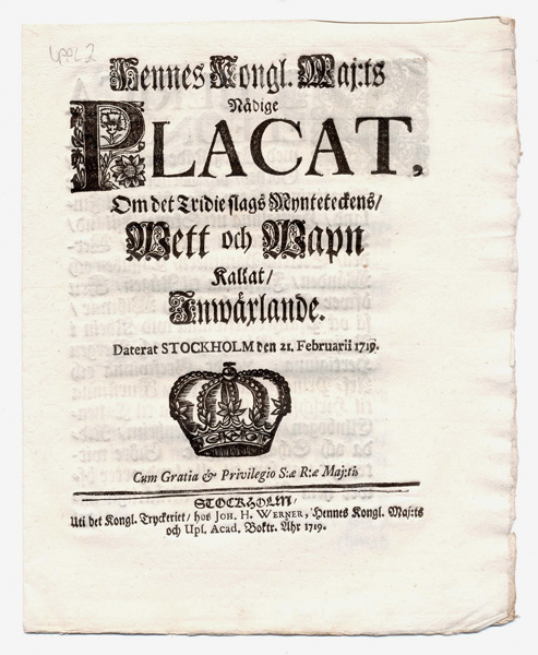 (1719-02-21) Om det Tridie slags Mynteteckens, Wett och Wapn Kallat