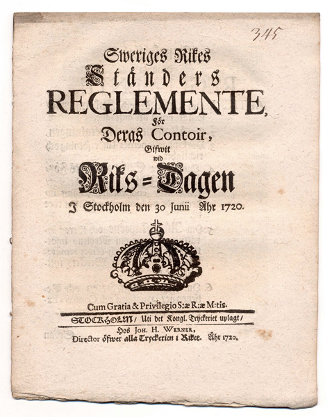 (1720-06-30) Sweriges Rikes Ständers Reglemente, för Deras Contoir, Gifwit wid Riks-Dagen I Stockholm den 30 Junii. Åhr 1720.