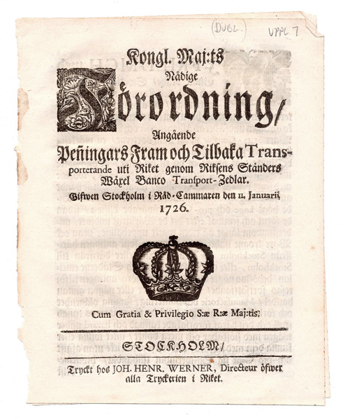 (1726-01-11) Riksens Ständers Wäxel-Banco Transport-Zedlar