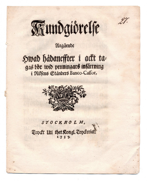 (1739-02-09) Penningars insättning