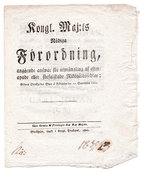 (1823-09-10) Utprångling af efterapade eller förfalskade Riksgäldssedlar;