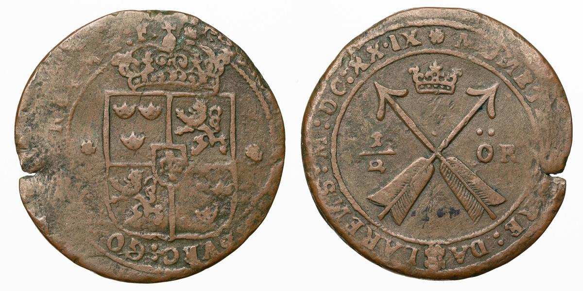 GUSTAV II ADOLF (1611-1632). 1/2 öre 1629