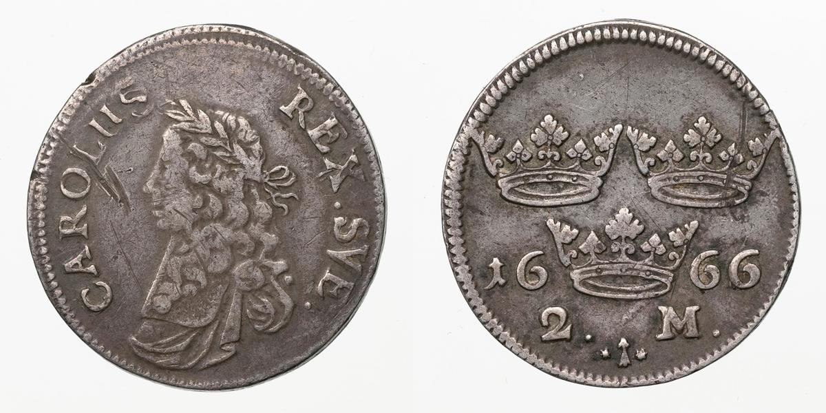 KARL XI (1660-1697). 2 mark 1666