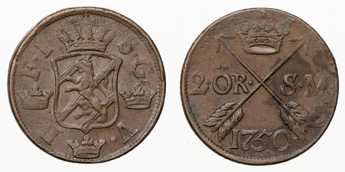FREDRIK (1720-1751). 2 öre SM 1750