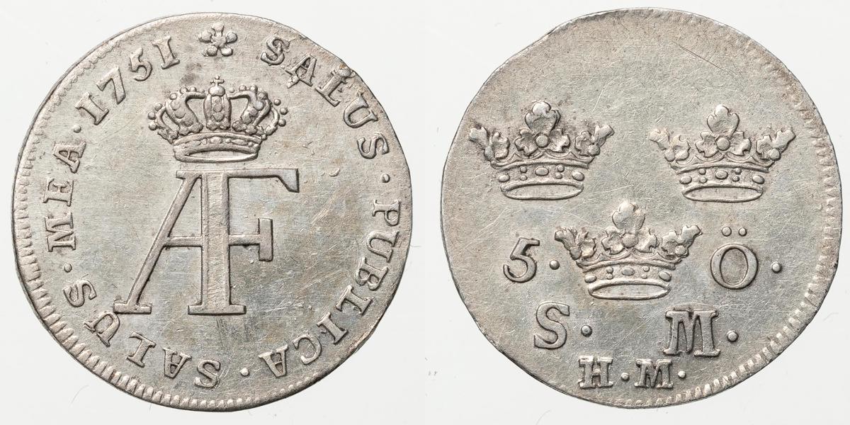 ADOLF FREDRIK (1751-1771). 5 öre 1751