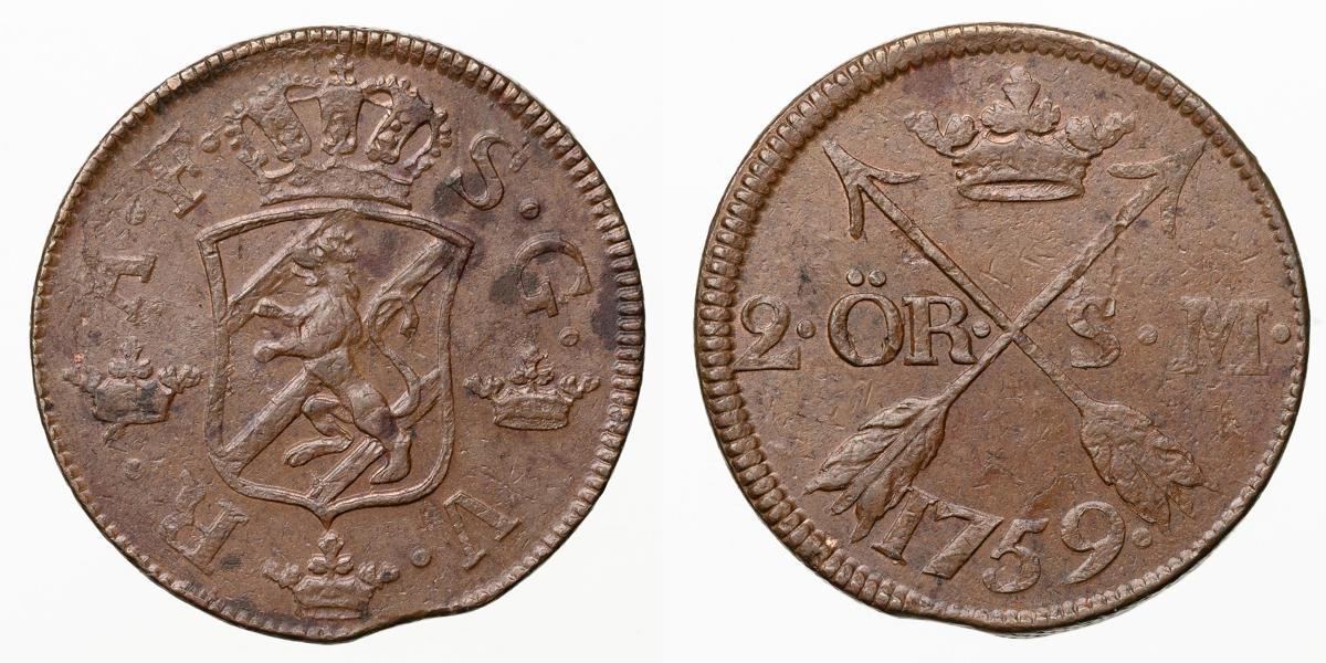 ADOLF FREDRIK (1751-1771). 2 öre SM 1759