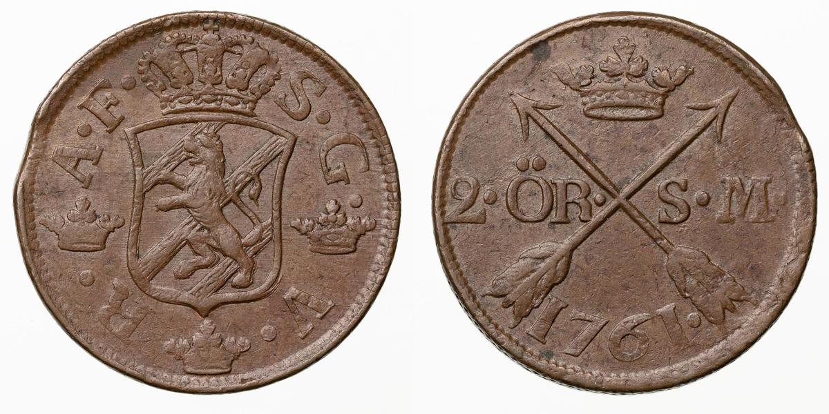 ADOLF FREDRIK (1751-1771). 2 öre SM 1761