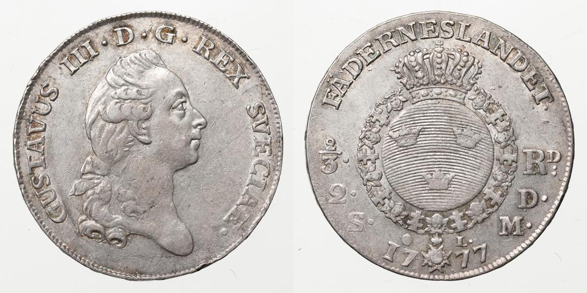 GUSTAV III (1771-1792). 2/3 riksdaler 1777