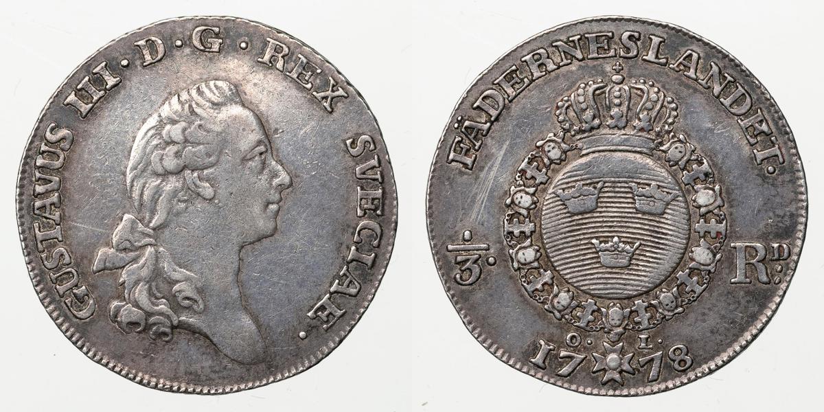 GUSTAV III (1771-1792). 1/3 riksdaler 1778