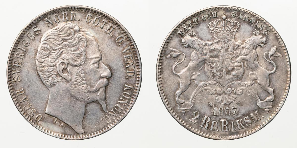 OSKAR I (1844-1859). 2 riksdaler riksmynt 1857
