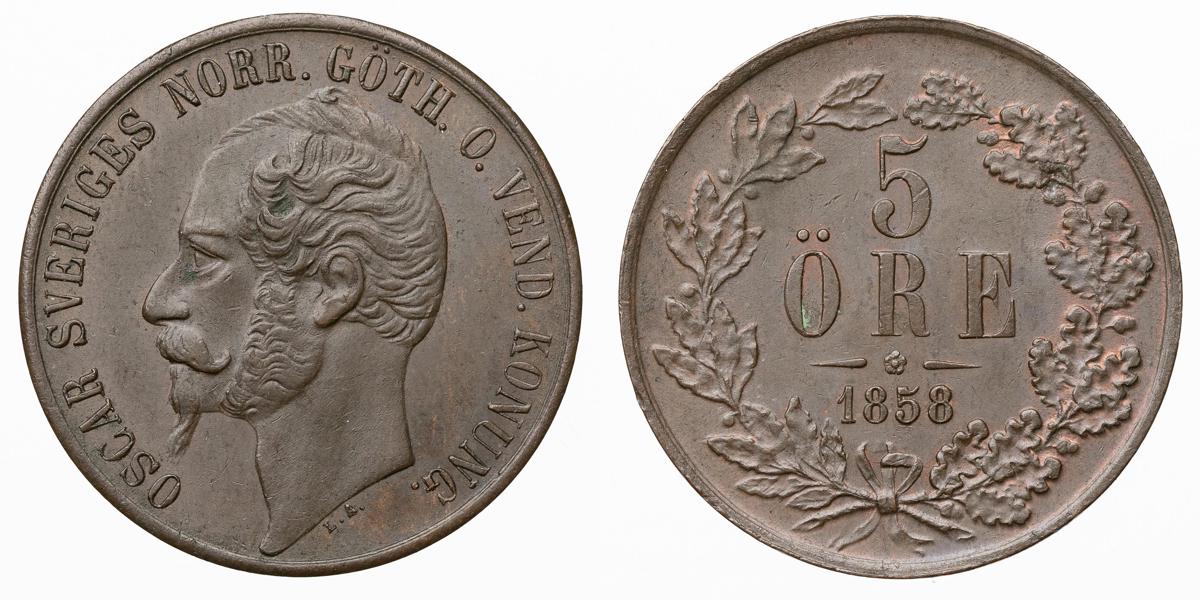 OSKAR I (1844-1859). 5 öre 1858