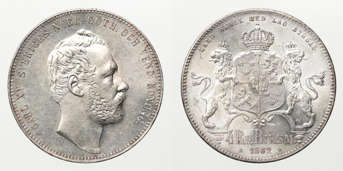 KARL XV (1859-1872). 4 riksdaler riksmynt 1862