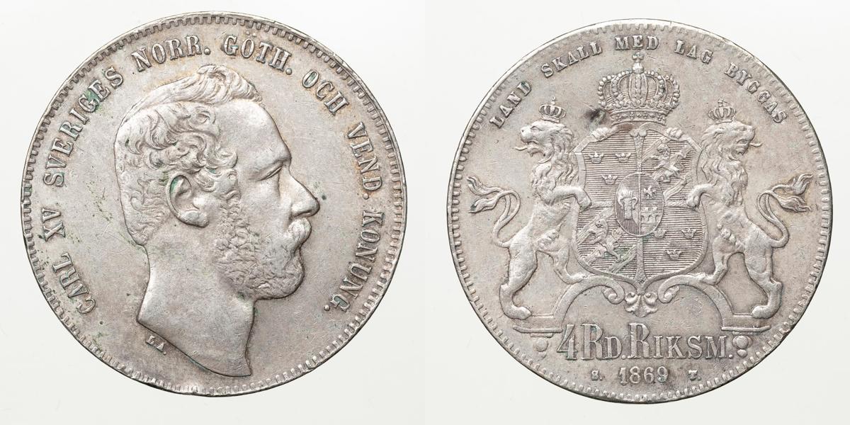 KARL XV (1859-1872). 4 riksdaler riksmynt 1869