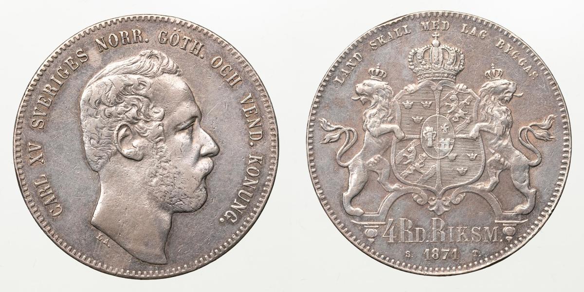 KARL XV (1859-1872). 4 riksdaler riksmynt 1871