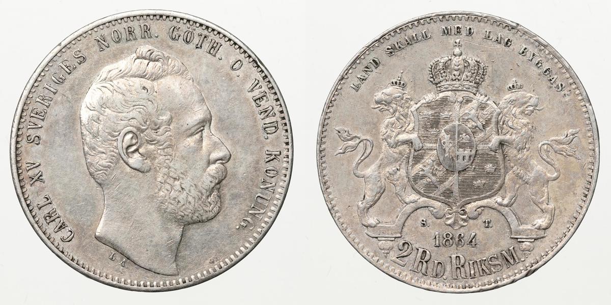 KARL XV (1859-1872). 2 riksdaler riksmynt 1864
