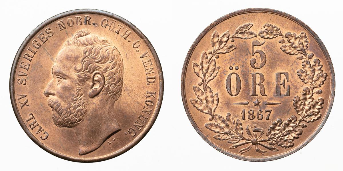 KARL XV (1859-1872). 5 öre 1867