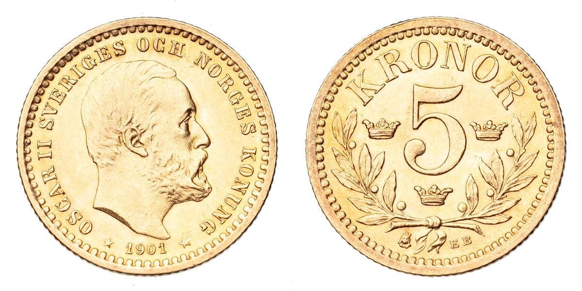 OSKAR II (1872-1907). 5 kronor 1901