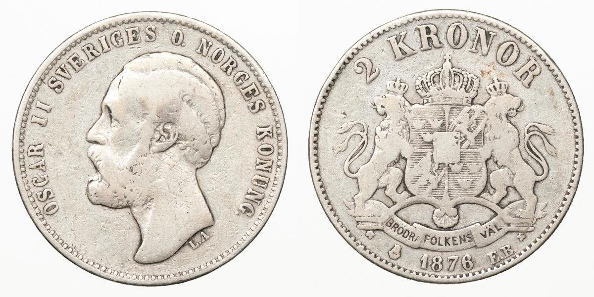 OSKAR II (1872-1907). 2 kronor 1876