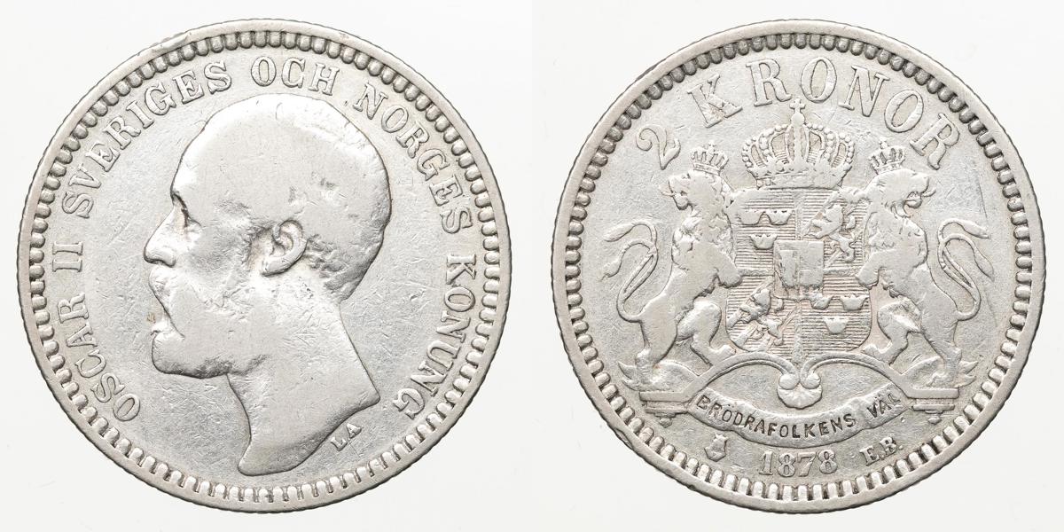 OSKAR II (1872-1907). 2 kronor 1878