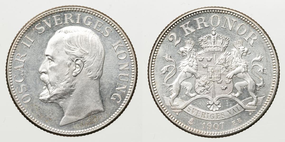 OSKAR II (1872-1907). 2 kronor 1907