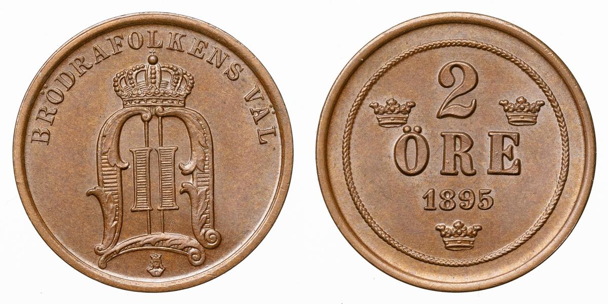 OSKAR II (1872-1907). 2 öre 1895