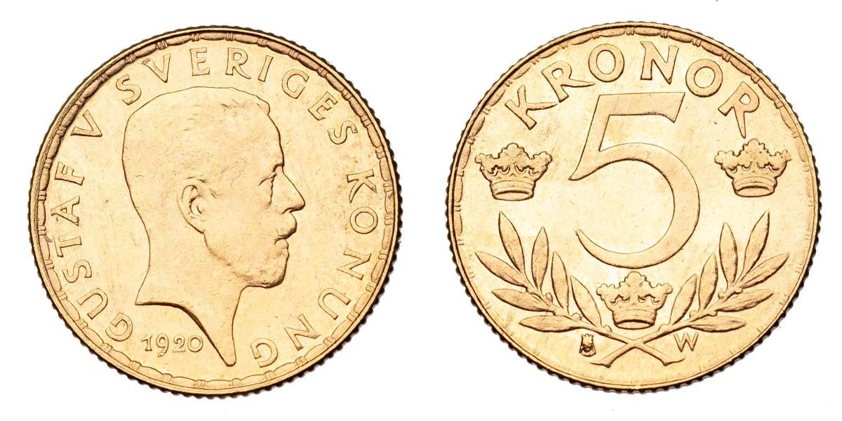 GUSTAV V (1907-1950). 5 kronor 1920