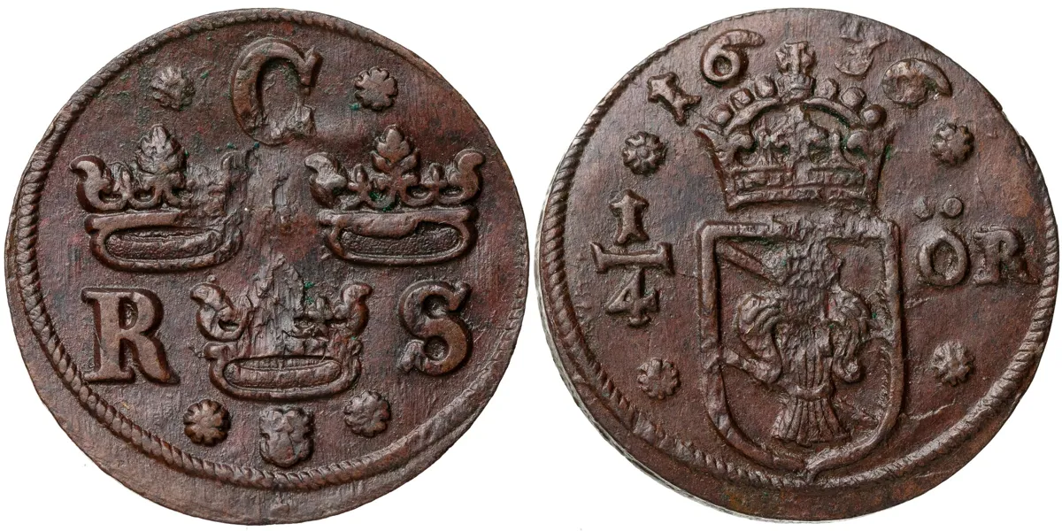 KRISTINA (1632-1654). 1/4 öre 1636