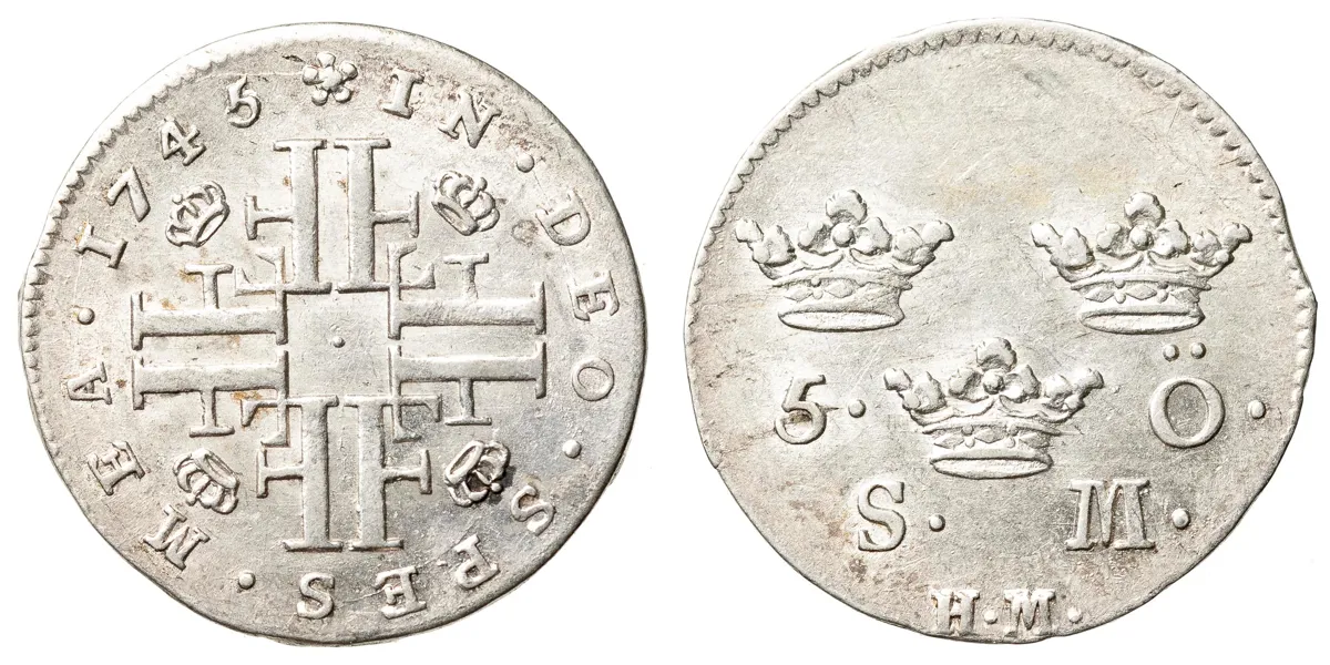 FREDRIK (1720-1751). 5 öre 1745