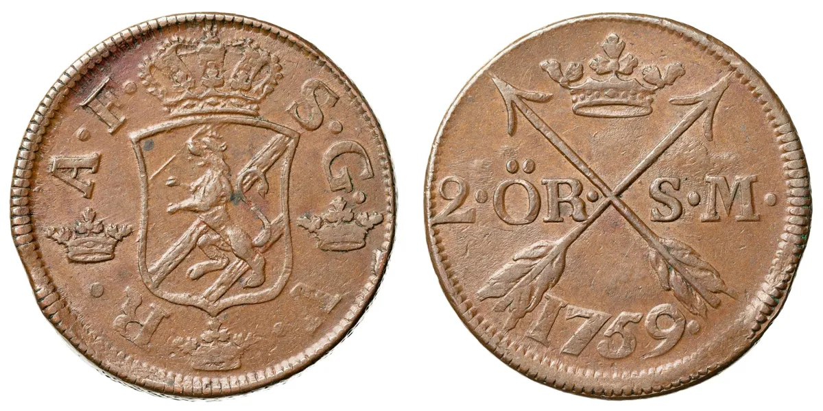 ADOLF FREDRIK (1751-1771). 2 öre SM 1759