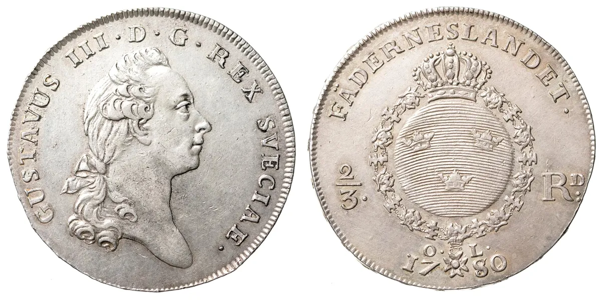 GUSTAV III (1771-1792). 2/3 riksdaler 1780