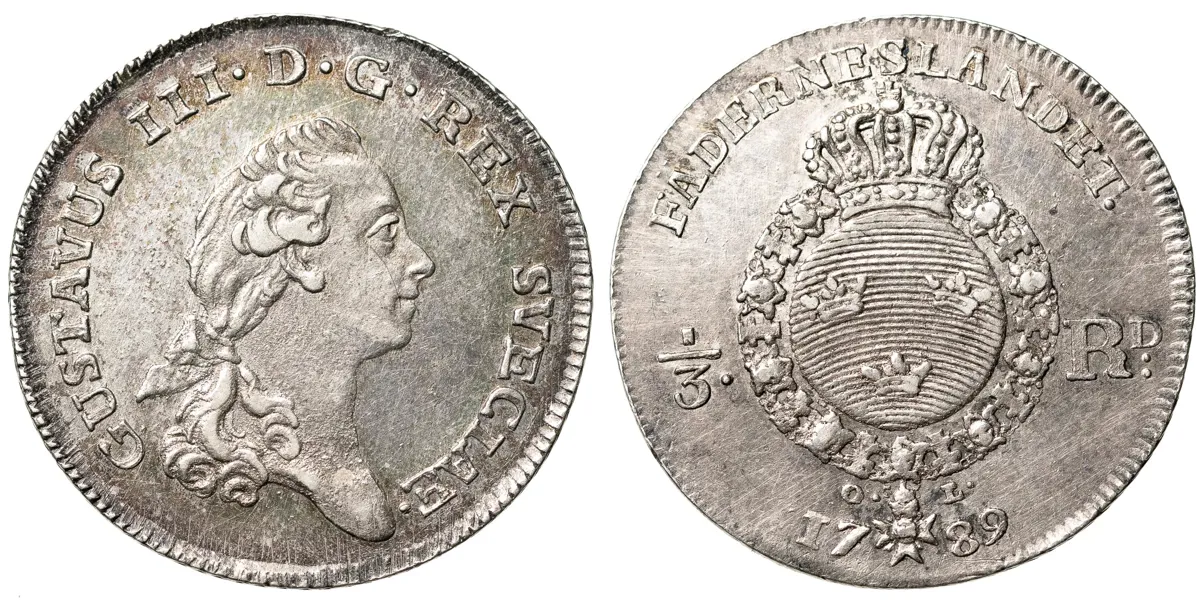 GUSTAV III (1771-1792). 1/3 riksdaler 1789