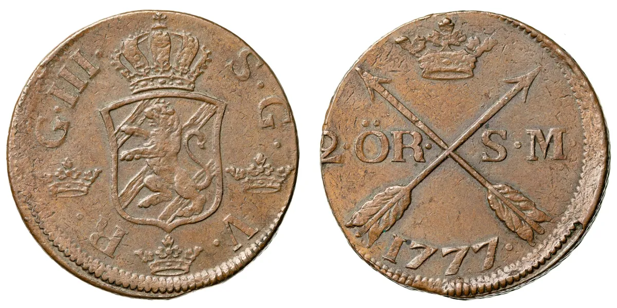 GUSTAV III (1771-1792). 2 öre SM 1777