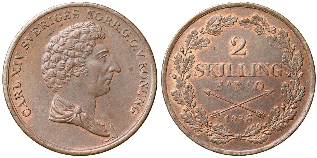 KARL XIV JOHAN (1818-1844). 2 skilling banco 1836