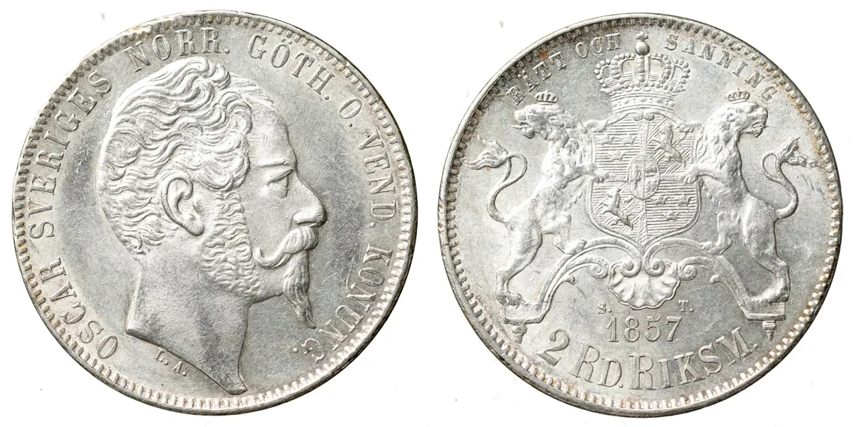 OSKAR I (1844-1859). 2 riksdaler riksmynt 1857