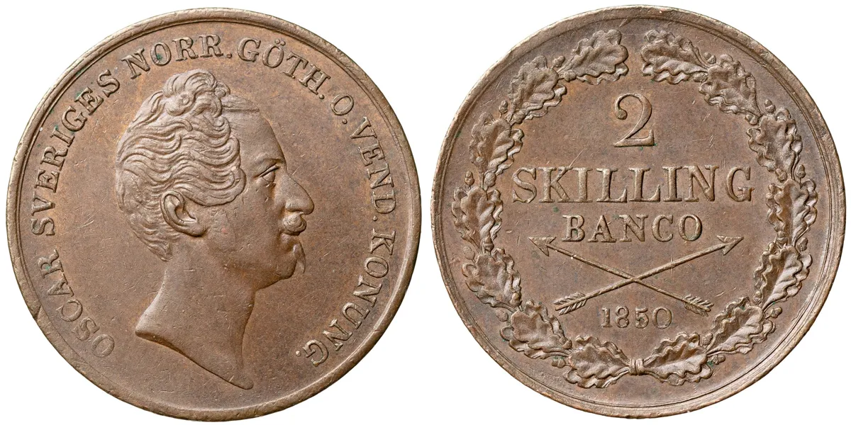 OSKAR I (1844-1859). 2 skilling banco 1850