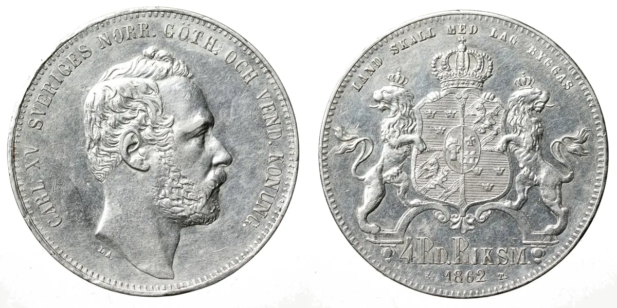 KARL XV (1859-1872). 4 riksdaler riksmynt 1862
