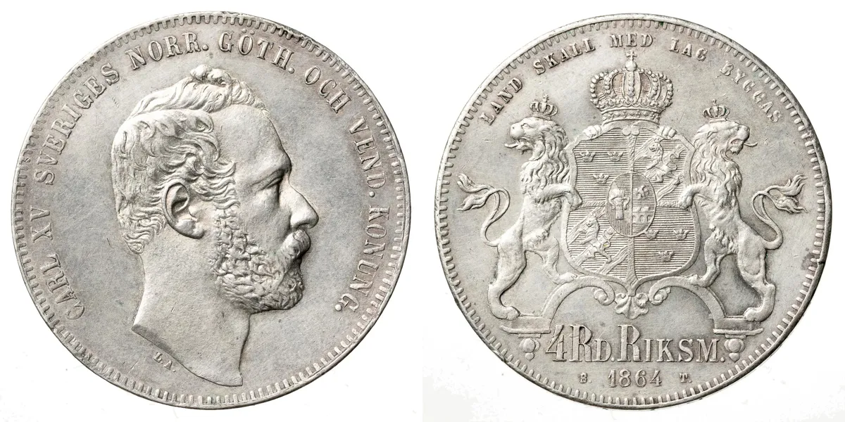 KARL XV (1859-1872). 4 riksdaler riksmynt 1864
