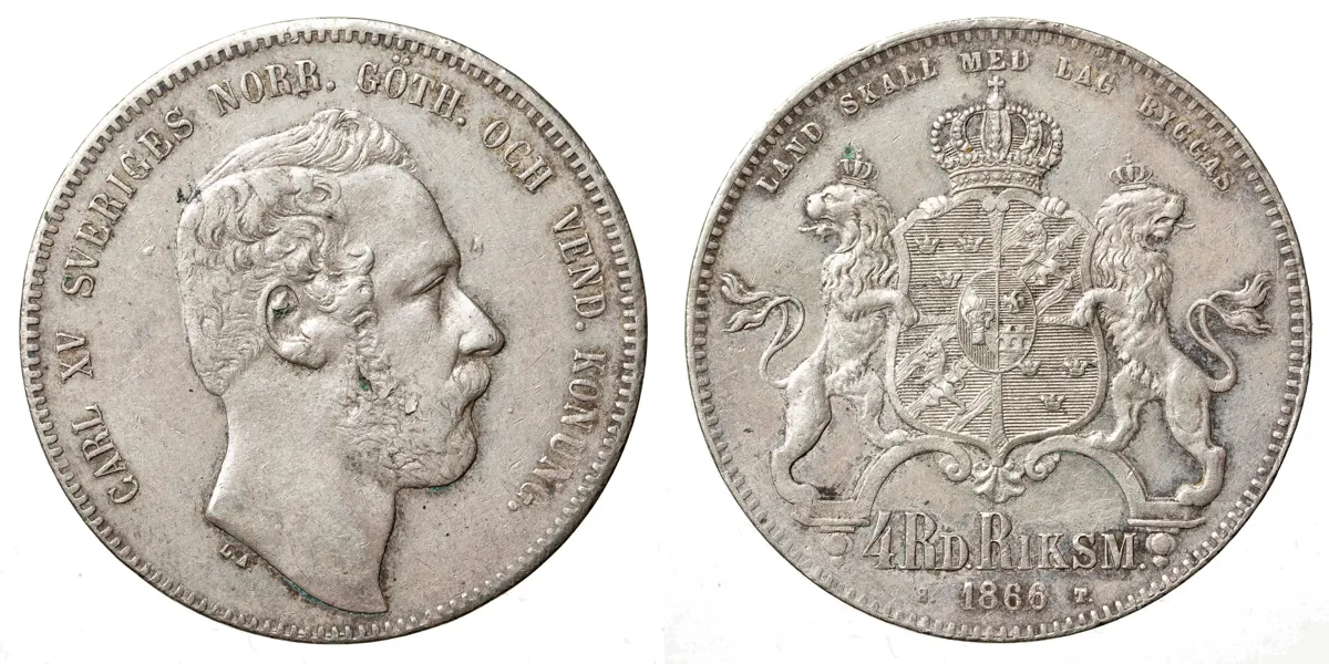 KARL XV (1859-1872). 4 riksdaler riksmynt 1866