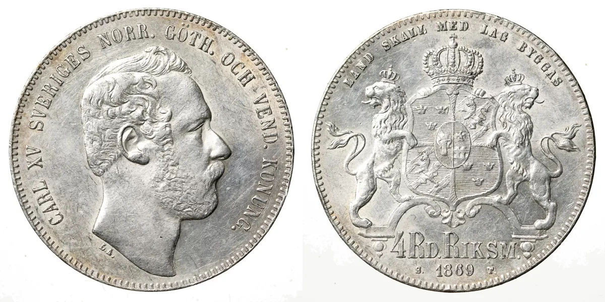 KARL XV (1859-1872). 4 riksdaler riksmynt 1869