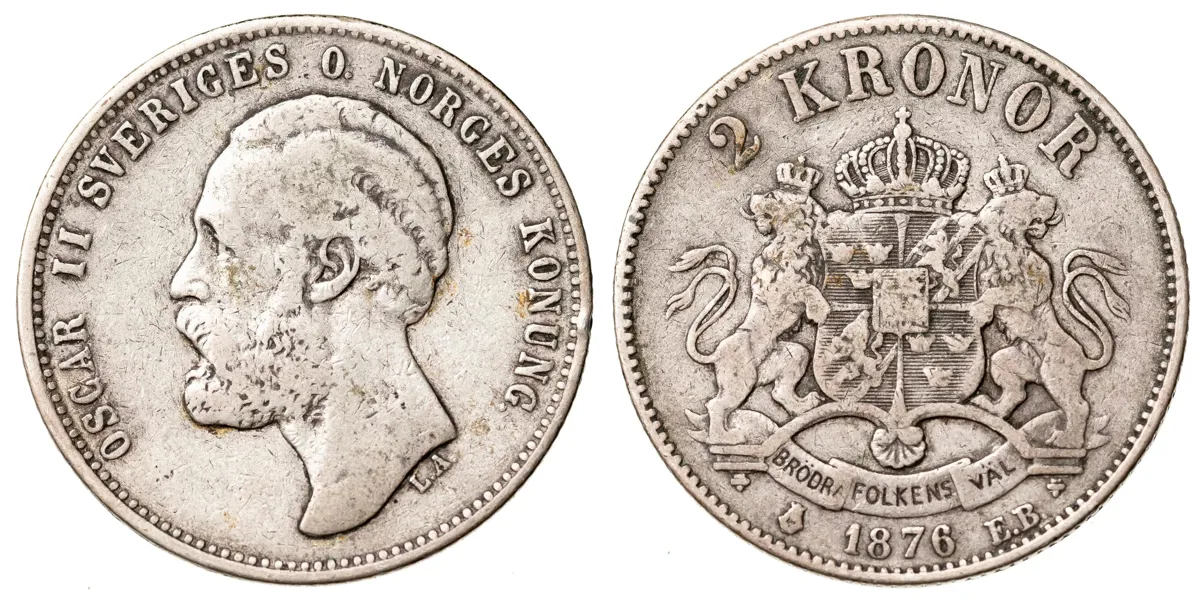 OSKAR II (1872-1907). 2 kronor 1876