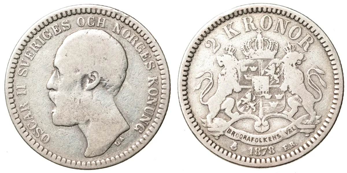 OSKAR II (1872-1907). 2 kronor 1878