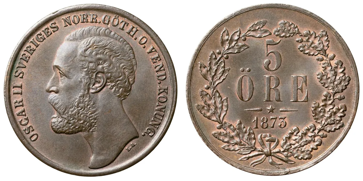 OSKAR II (1872-1907). 5 öre 1873