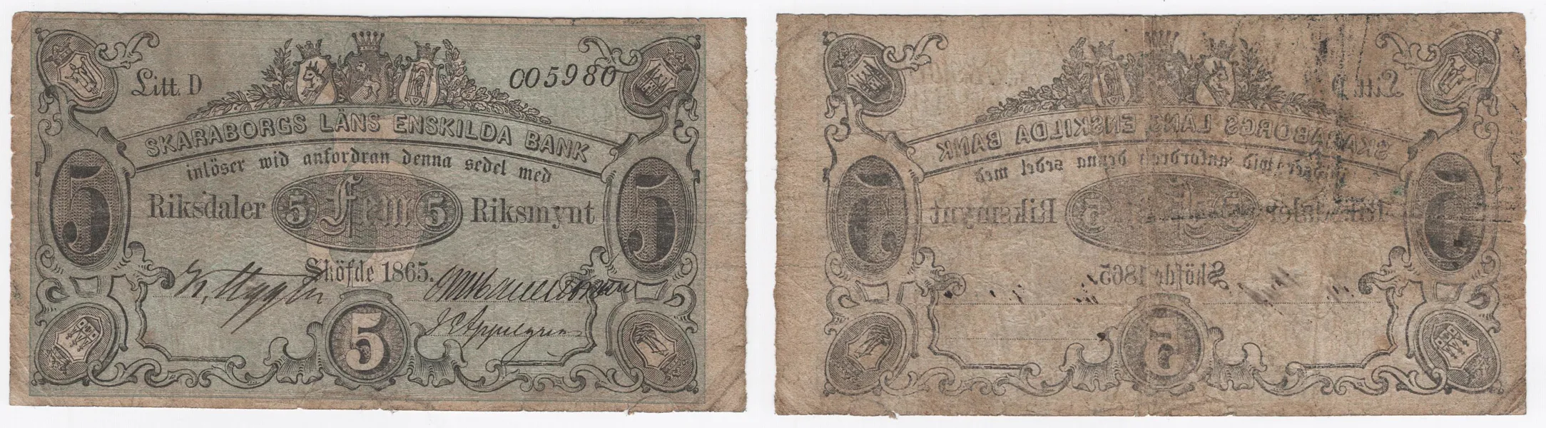 SKARABORGS LÄNS ENSKILDA BANK. 5 riksdaler riksmynt 1865