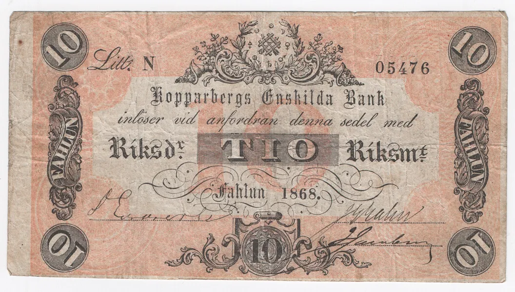 STORA KOPPRABERGS LÄNS OCH BERGSLAGS ENSKILDA BANK. 10 riksdaler riksmynt 1868