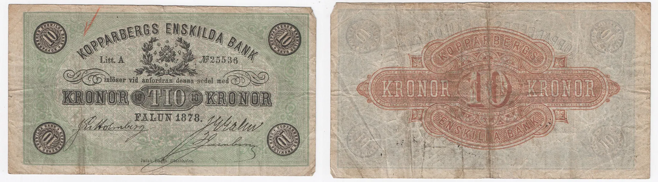 STORA KOPPRABERGS LÄNS OCH BERGSLAGS ENSKILDA BANK. 10 kronor 1878