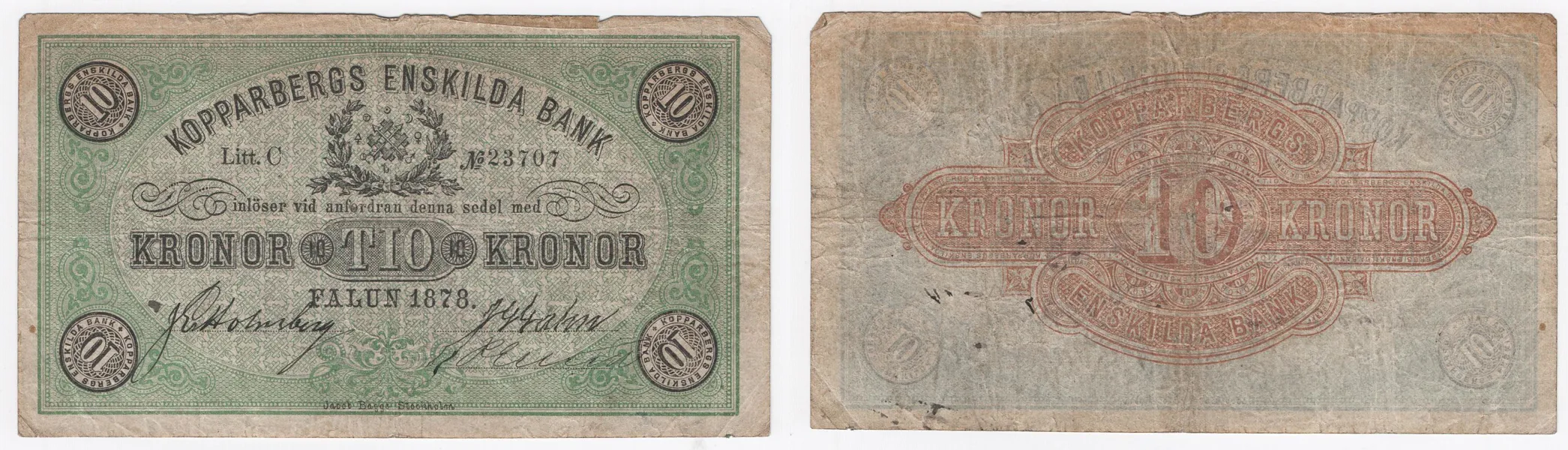 STORA KOPPRABERGS LÄNS OCH BERGSLAGS ENSKILDA BANK. 10 kronor 1878