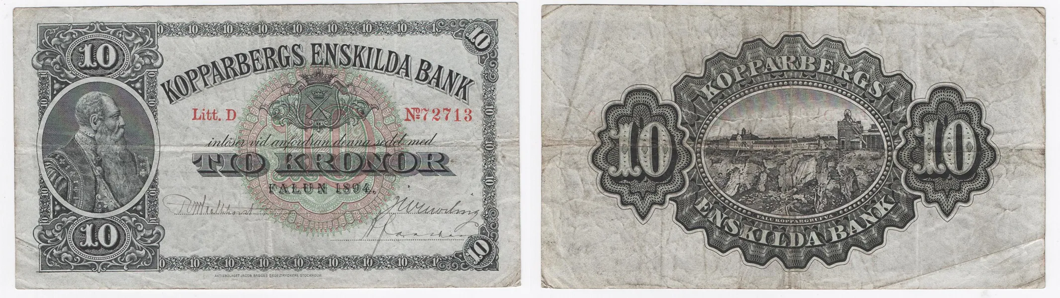 STORA KOPPRABERGS LÄNS OCH BERGSLAGS ENSKILDA BANK. 10 kronor 1894
