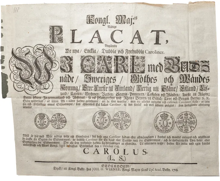 Påbud om carolinmyntningen. Strömstad den 1 oktober 1718