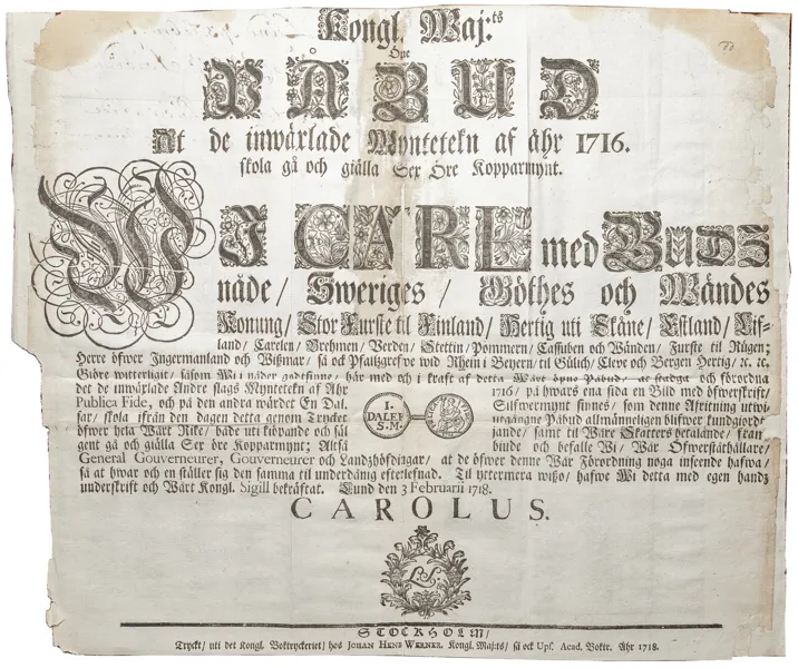 Påbud om inväxlandet av mynttecknet Pvblica Fide. Lund 3 februari 1718